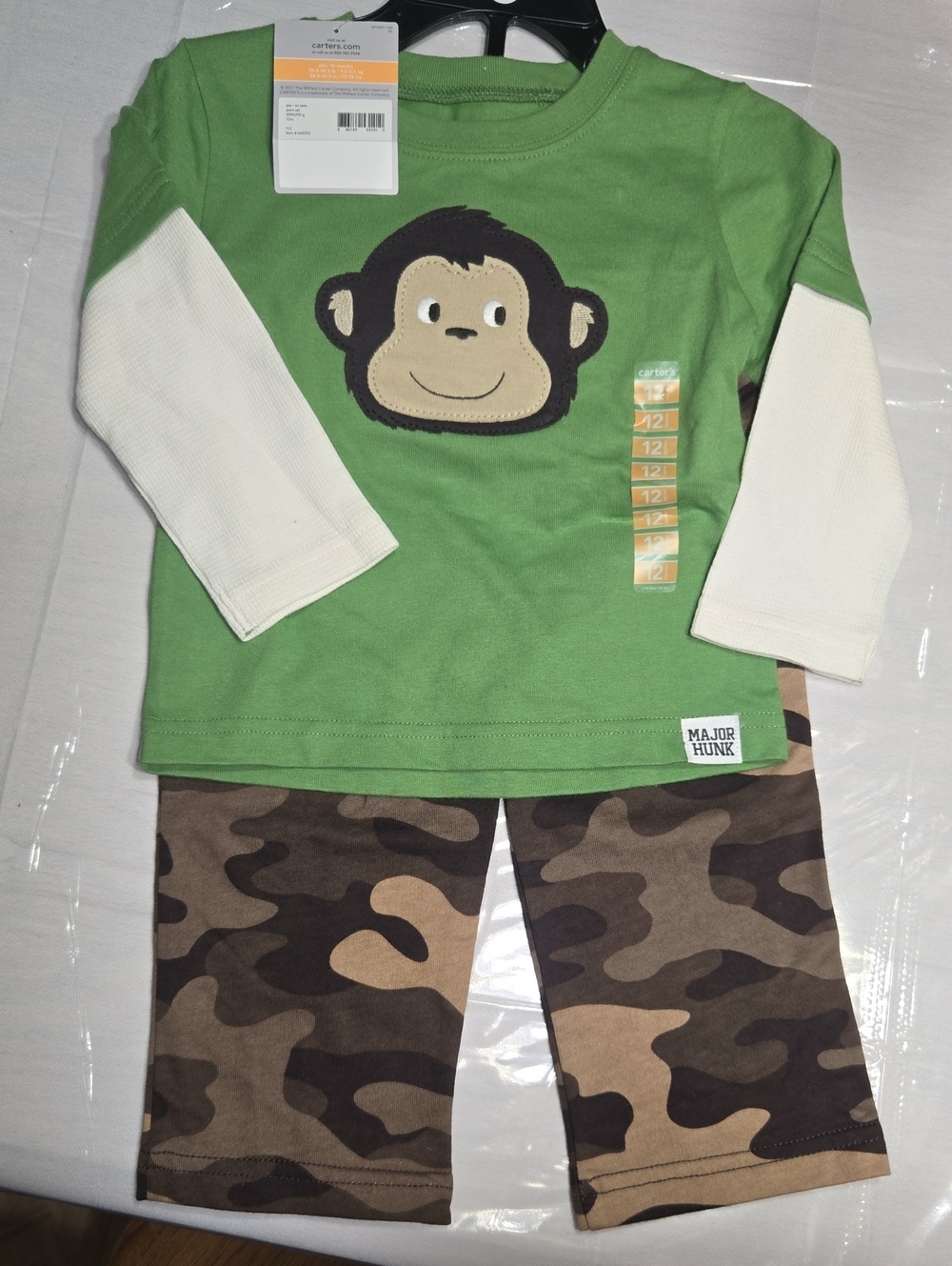 Carter's Green and Cream Monkey Two-Piece Pajama Set with Camo Pants